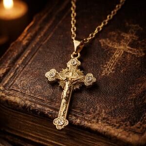 18k Plated Traditional Crucifix Necklace – Gold CZ Cross on 22in. 1mm. Box Chain